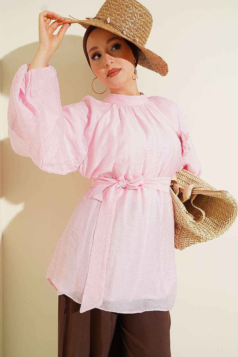 Tunic with Rose Brooch and Self Belt - Pink