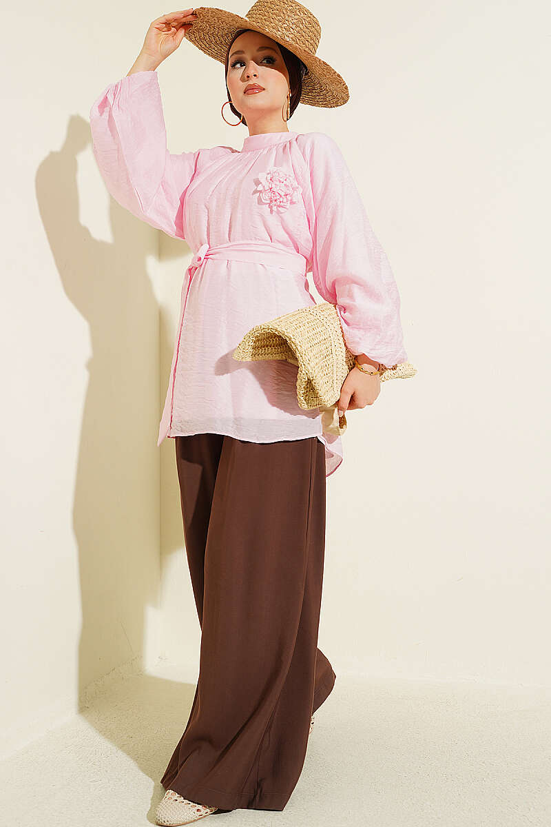 Tunic with Rose Brooch and Self Belt - Pink