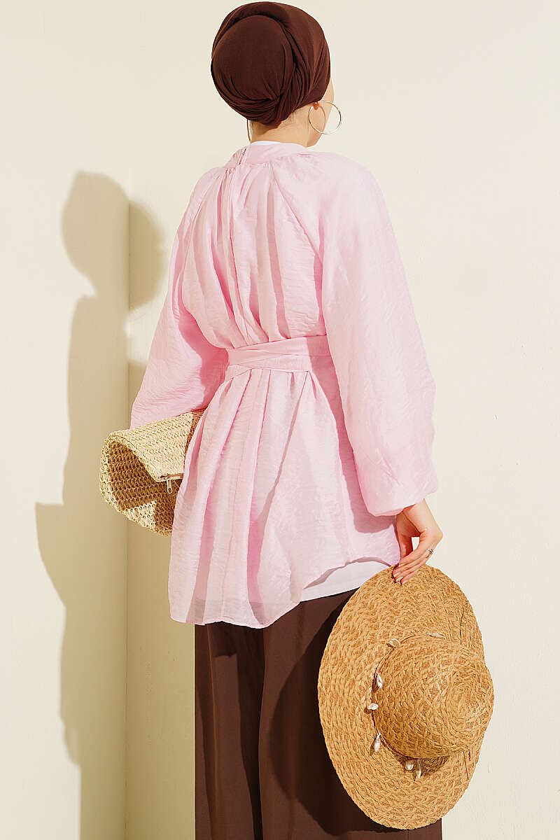 Tunic with Rose Brooch and Self Belt - Pink