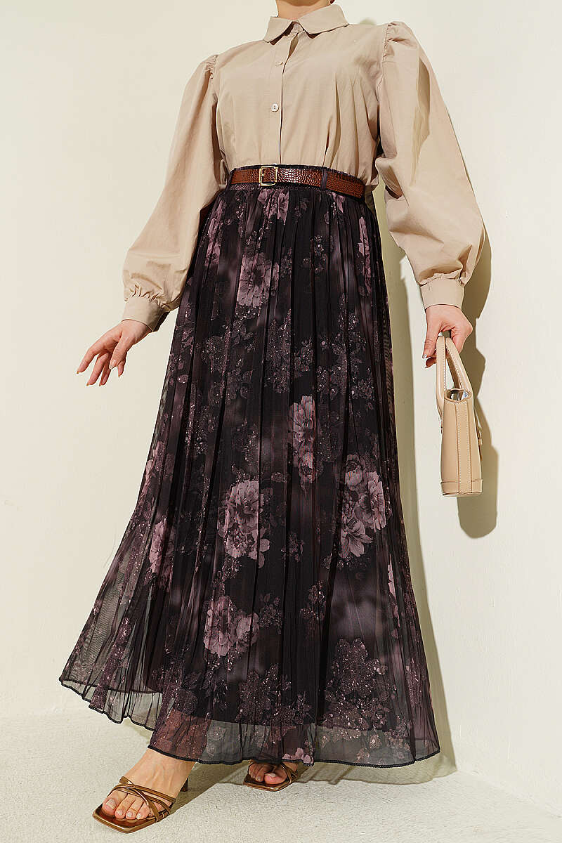 Belted Rose Print Tulle Skirt - Dark Brown