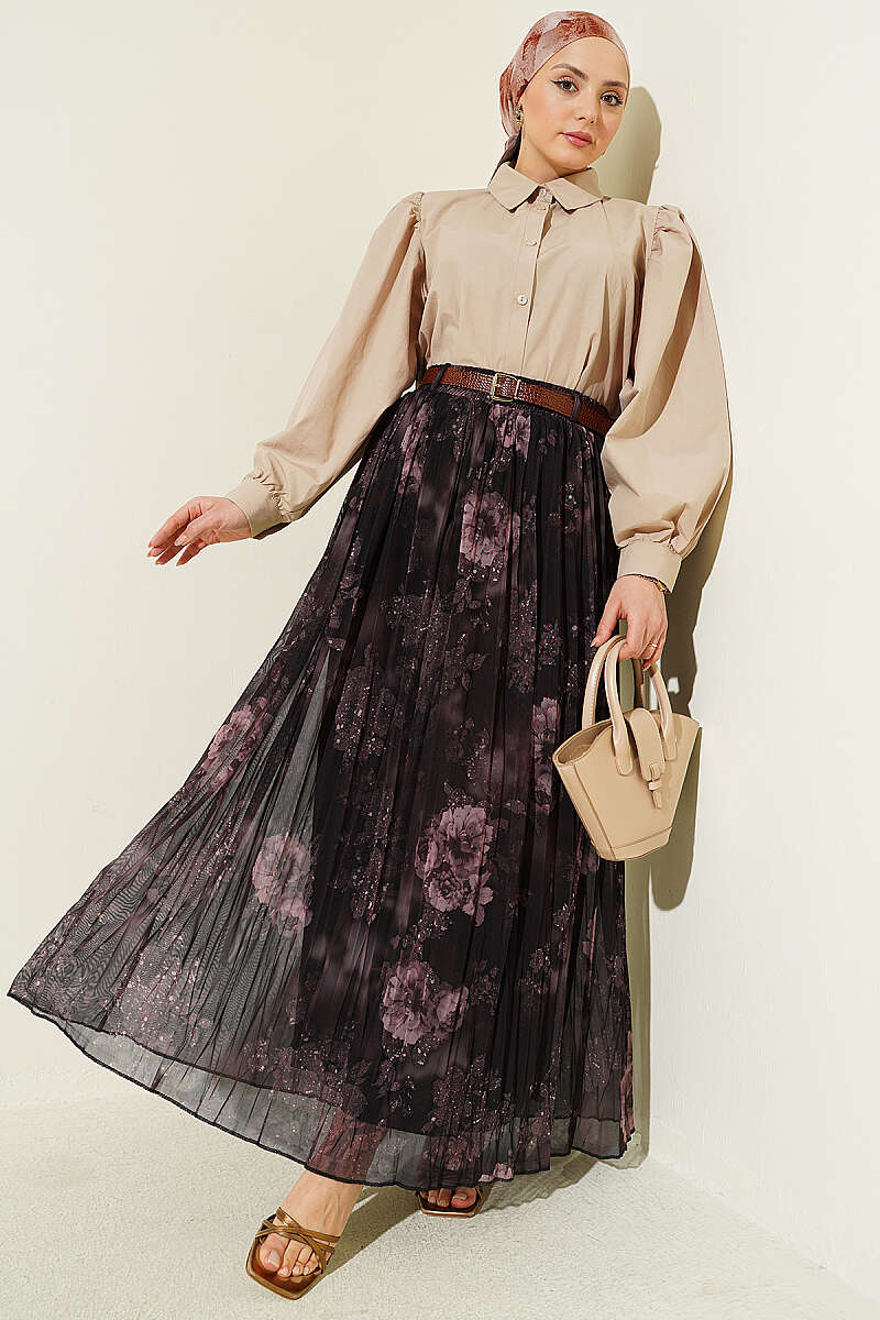 Belted Rose Print Tulle Skirt - Dark Brown