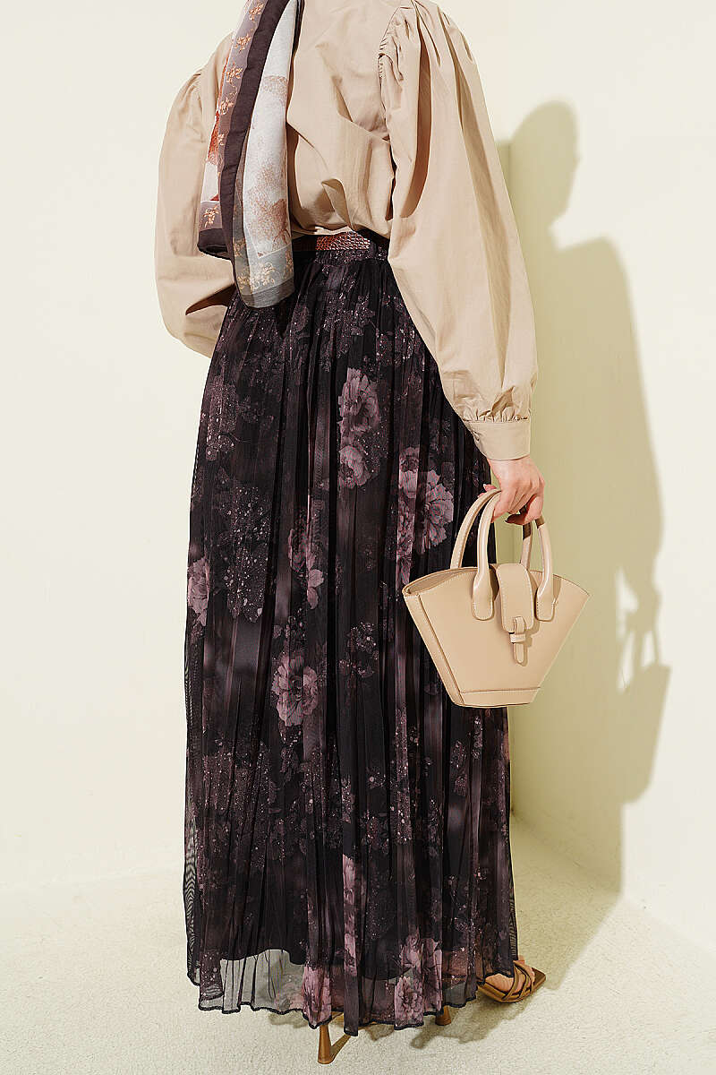 Belted Rose Print Tulle Skirt - Dark Brown