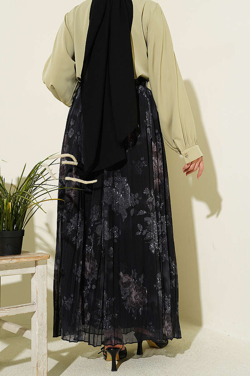 Belted Rose Print Tulle Skirt - Black