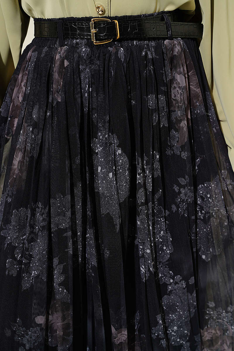 Belted Rose Print Tulle Skirt - Black
