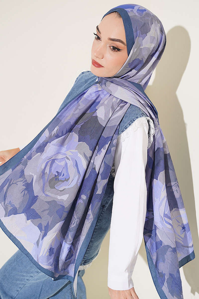 Rose Print Bamboo Crinkle Shawl - Lilac