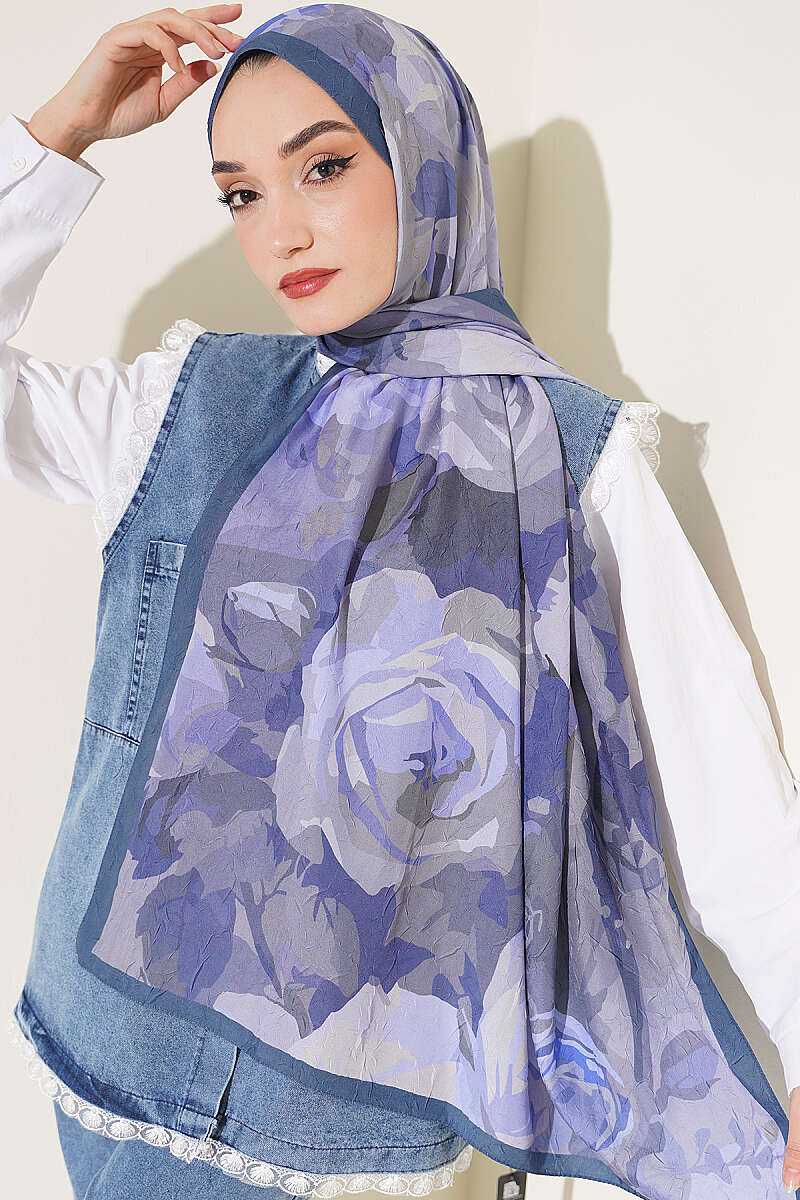 Rose Print Bamboo Crinkle Shawl - Lilac