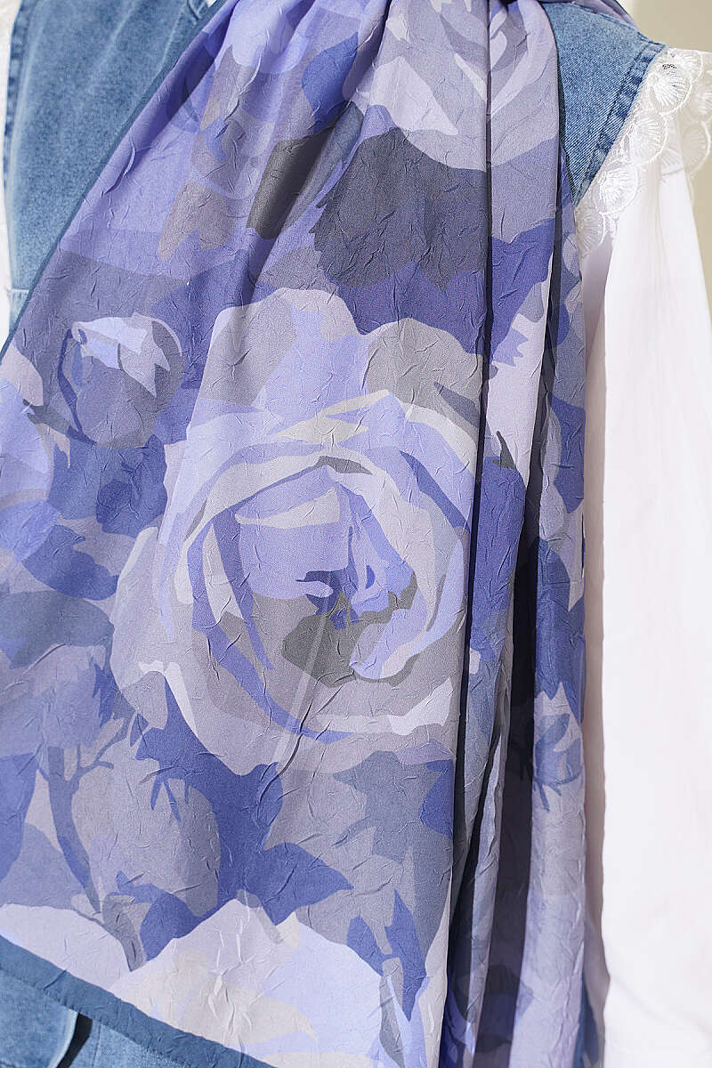 Rose Print Bamboo Crinkle Shawl - Lilac