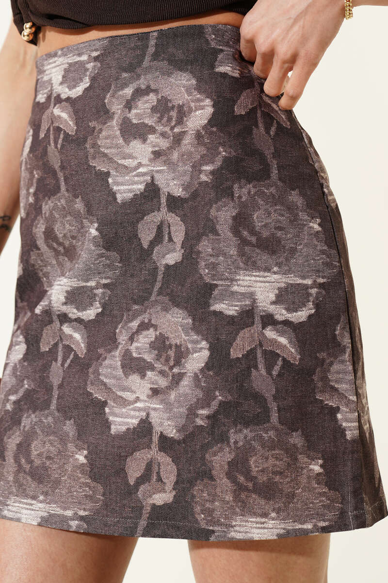 Rose Print Mini Skirt - Brown