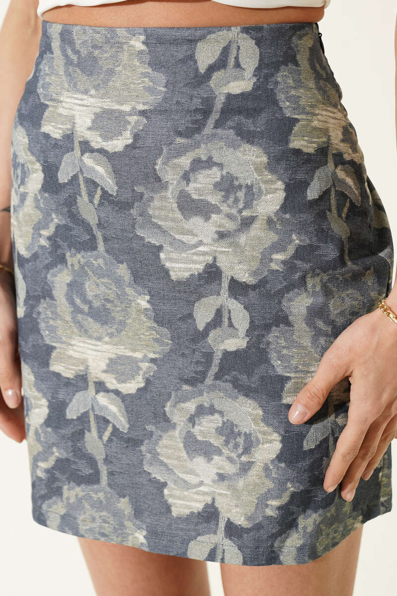 Rose Print Mini Skirt - Blue