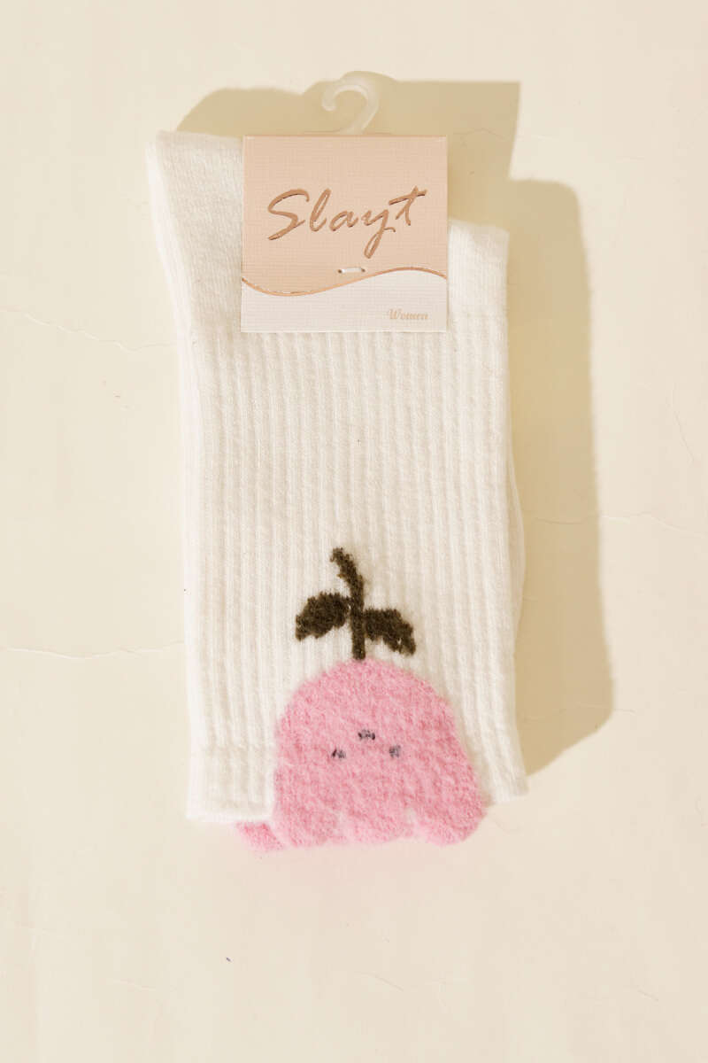 Fluffy Rose Pattern Ankle Socks - Ecru
