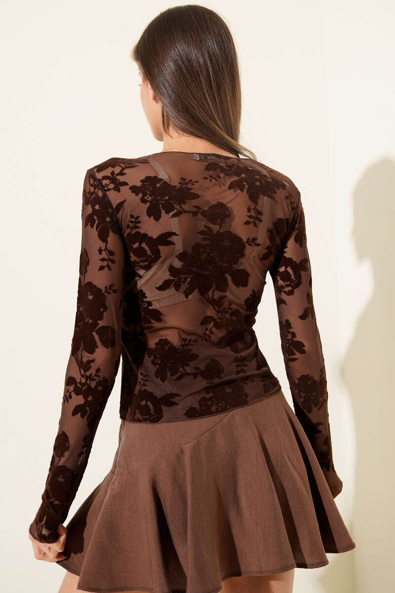 Rose Print Tulle Blouse - Brown