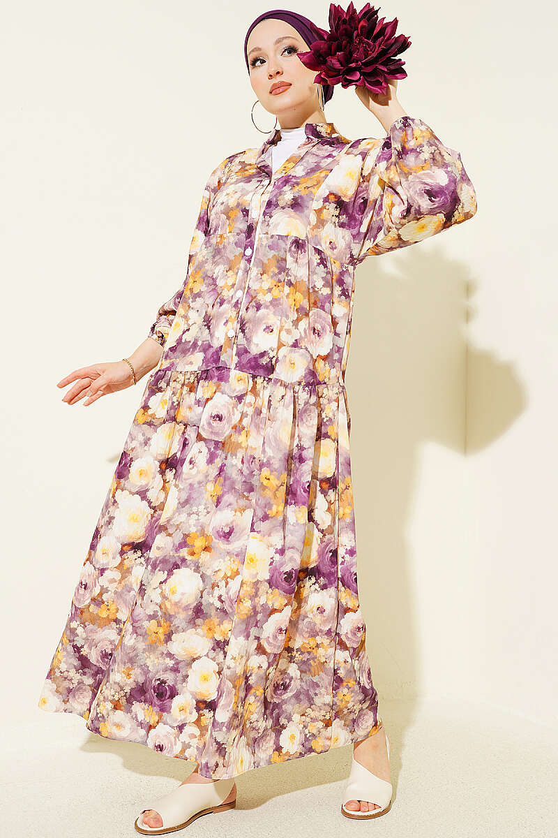 Rose Print Half-Button Dress - Plum
