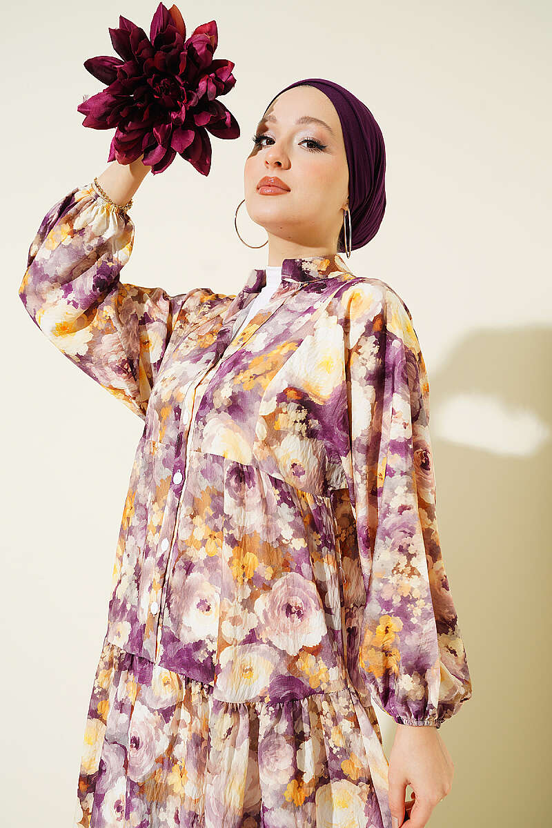 Rose Print Half-Button Dress - Plum