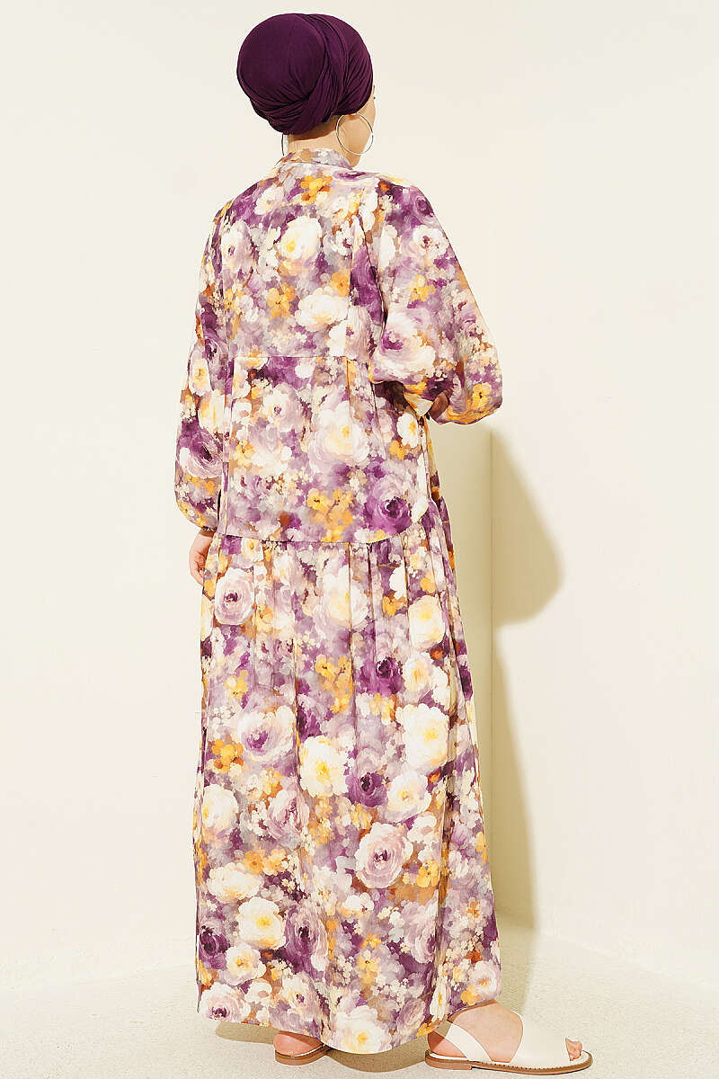 Rose Print Half-Button Dress - Plum