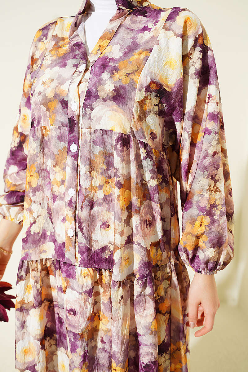 Rose Print Half-Button Dress - Plum