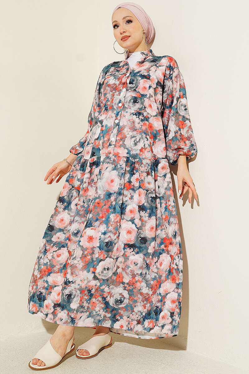 Rose Print Half-Button Dress - Teal
