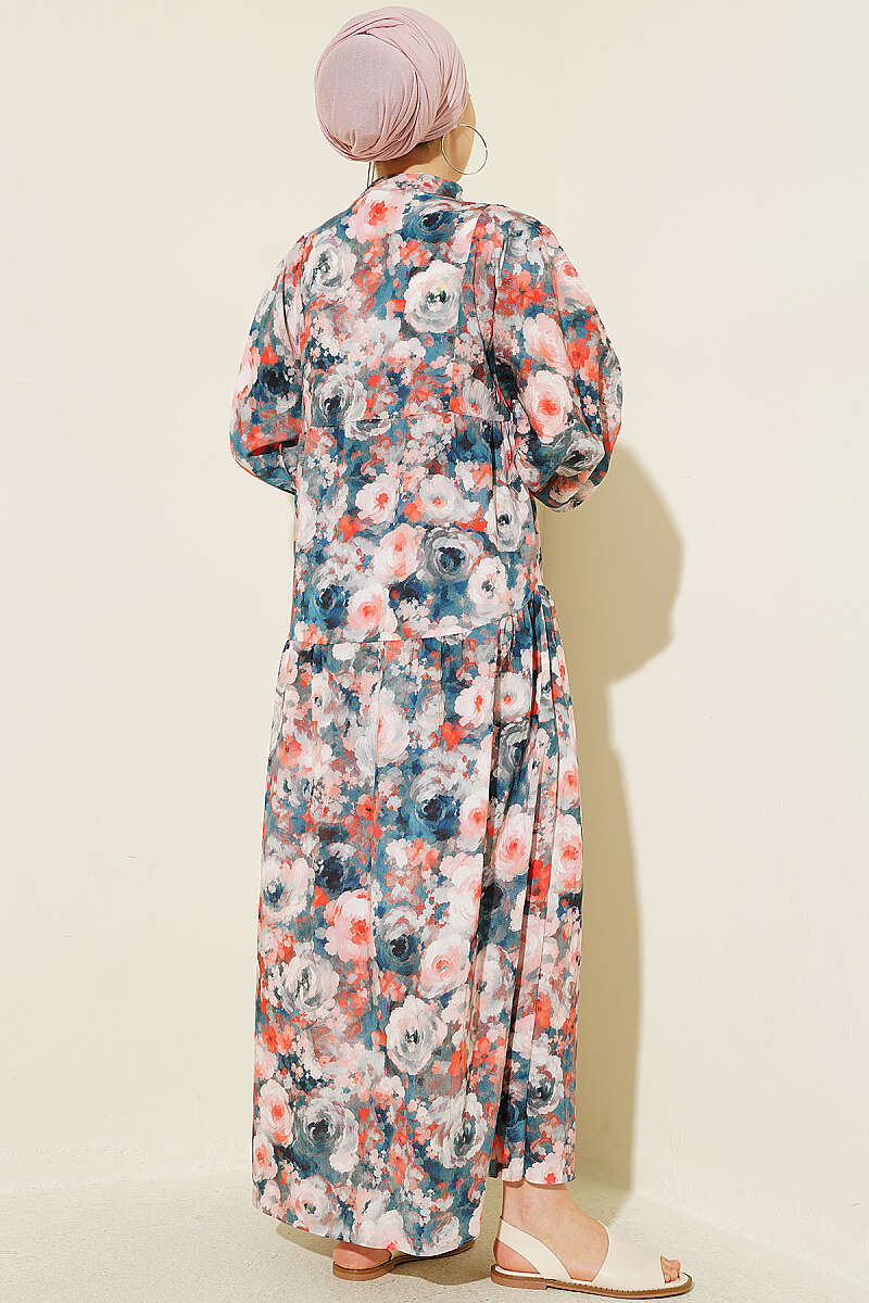 Rose Print Half-Button Dress - Teal