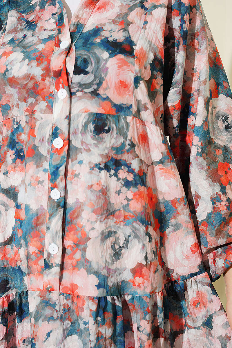 Rose Print Half-Button Dress - Teal