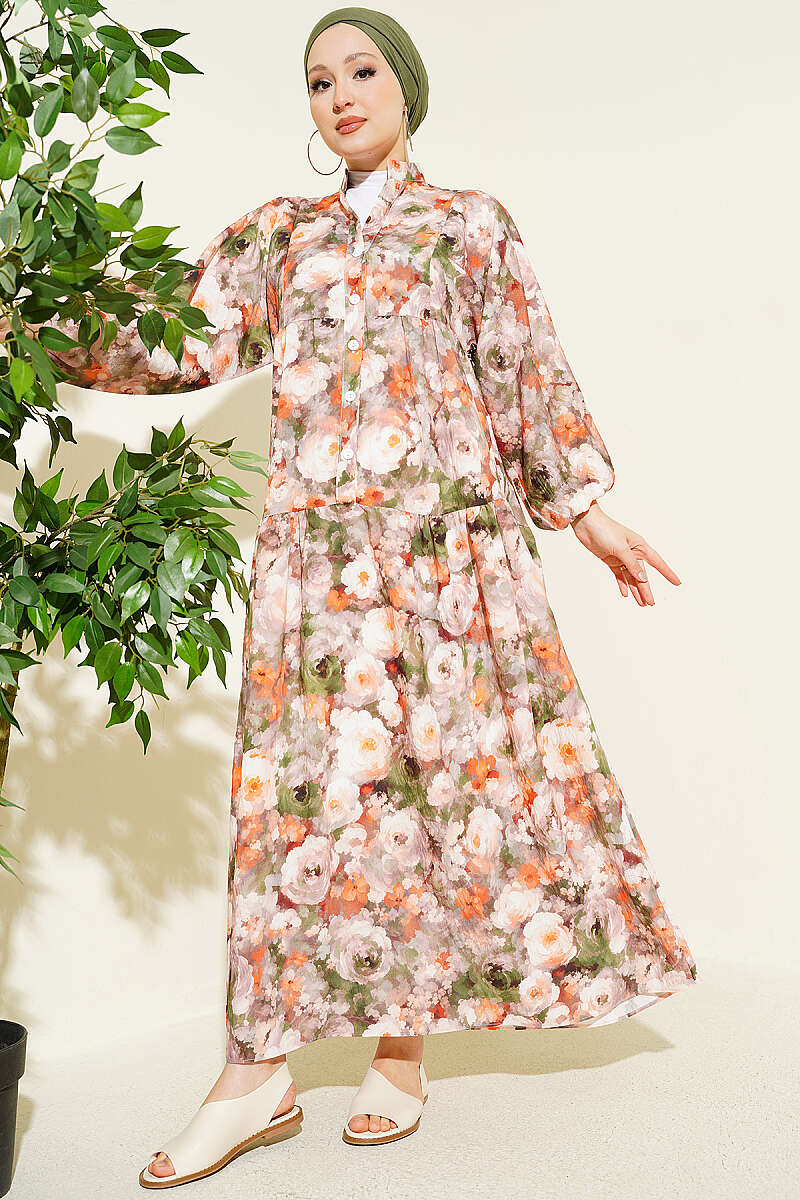 Rose Print Half-Button Dress - Mink