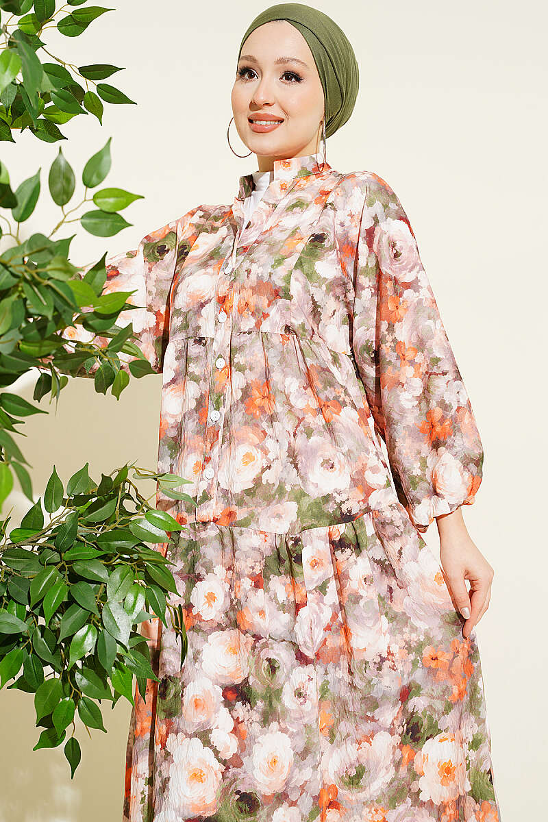 Rose Print Half-Button Dress - Mink