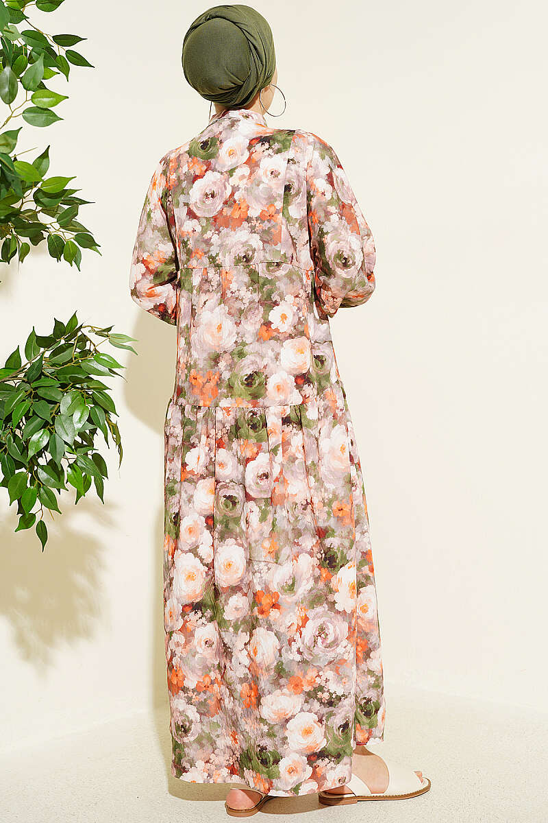 Rose Print Half-Button Dress - Mink