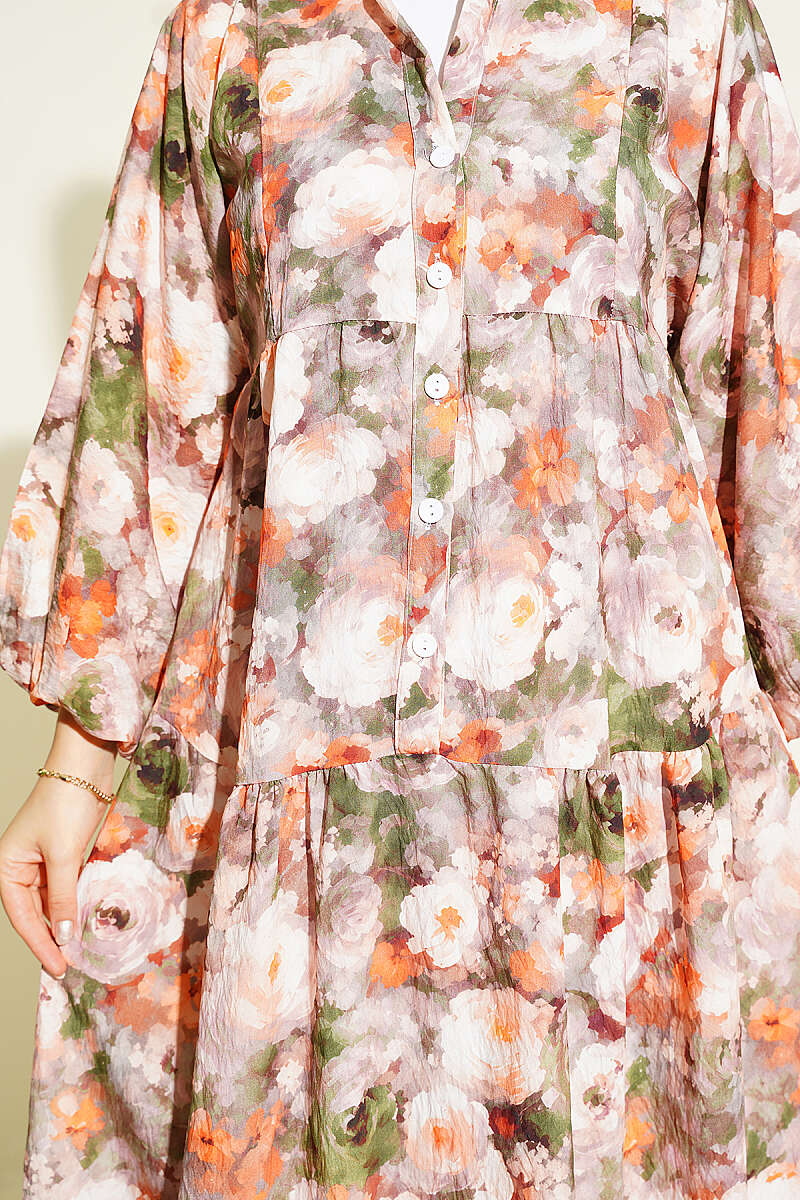 Rose Print Half-Button Dress - Mink