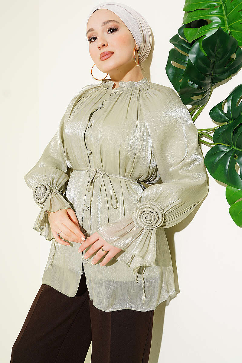 Evening Button Shirt with Rose Detail - Almond Green