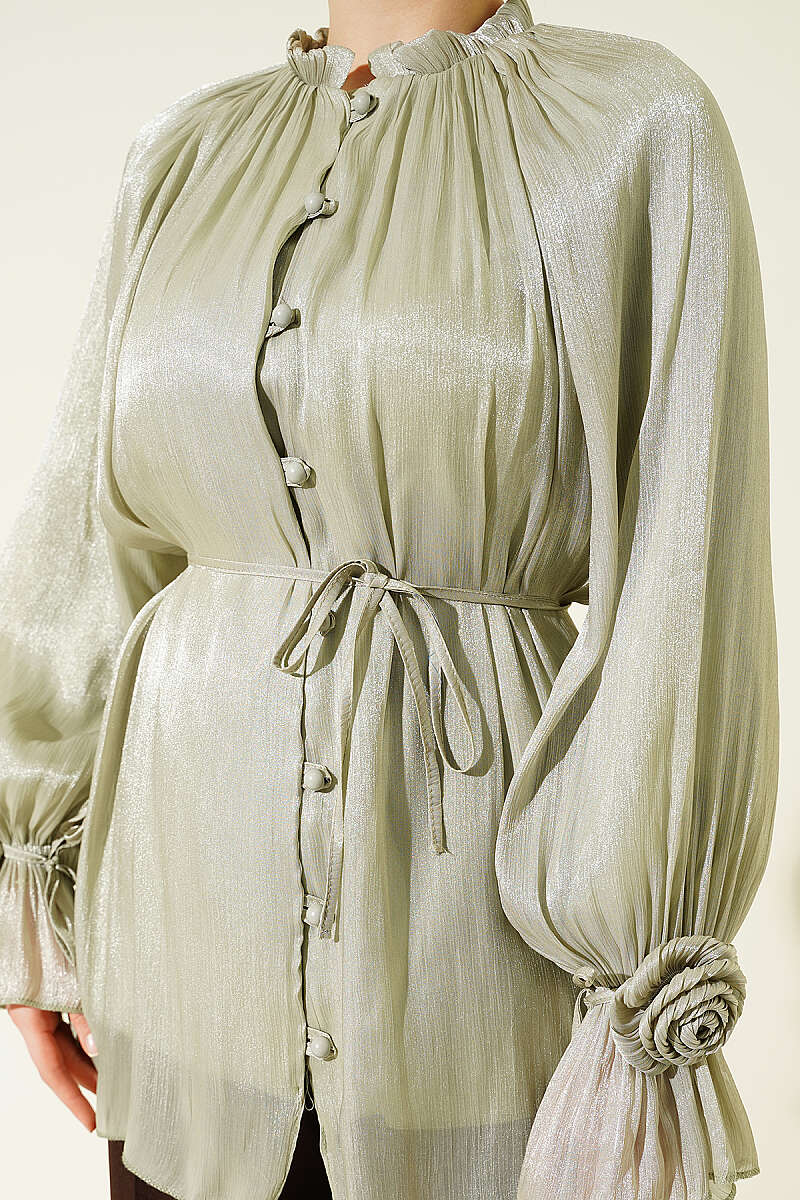 Evening Button Shirt with Rose Detail - Almond Green