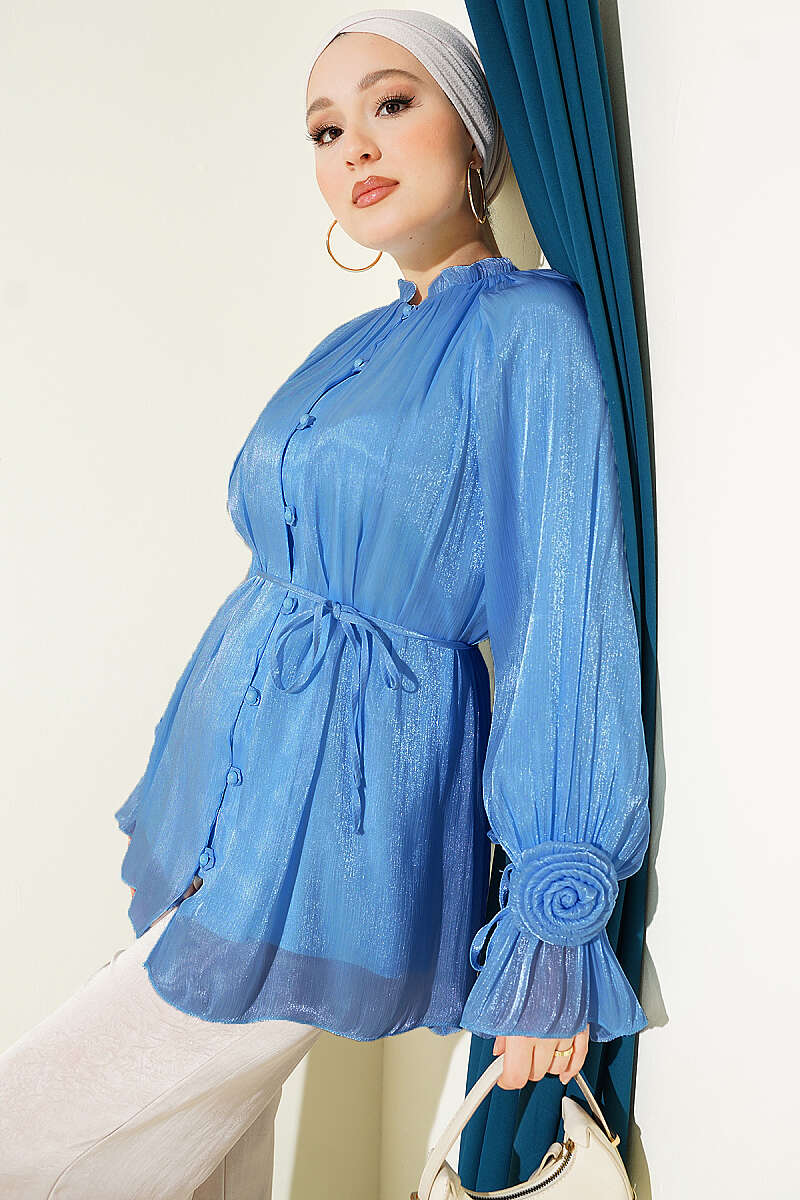 Evening Button Shirt with Rose Detail - Blue