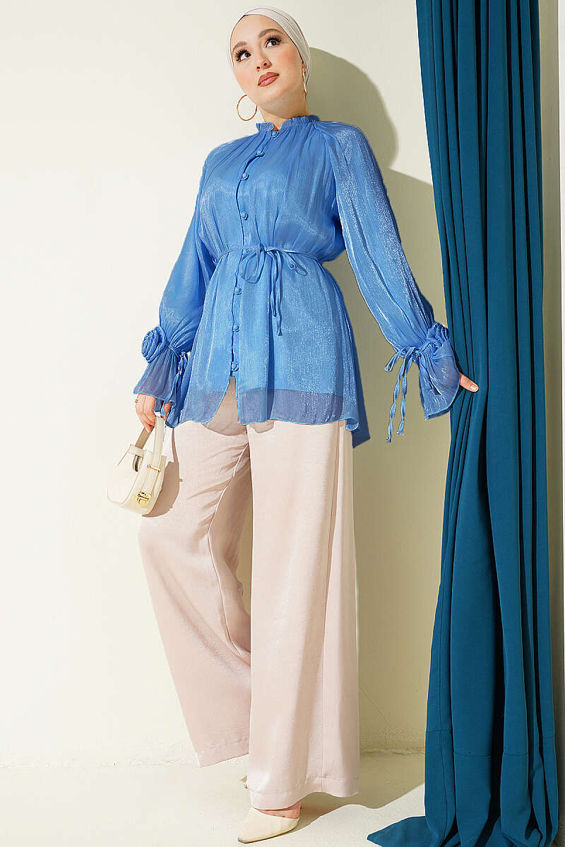Evening Button Shirt with Rose Detail - Blue