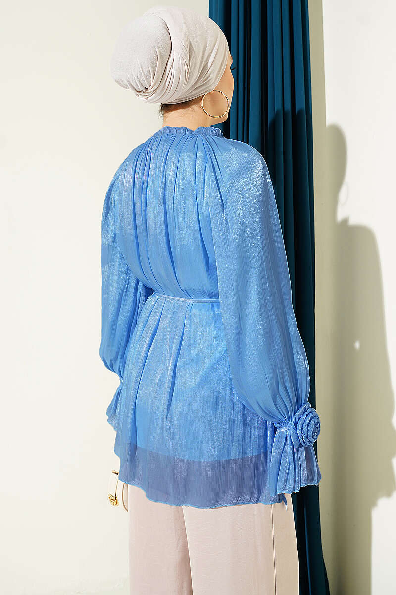 Evening Button Shirt with Rose Detail - Blue