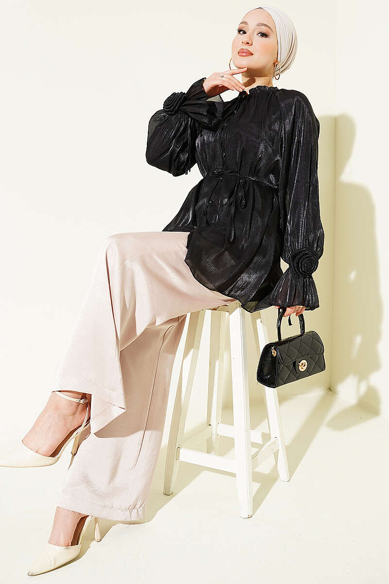 Evening Button Shirt with Rose Detail - Black