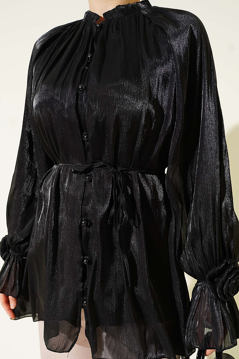 Evening Button Shirt with Rose Detail - Black