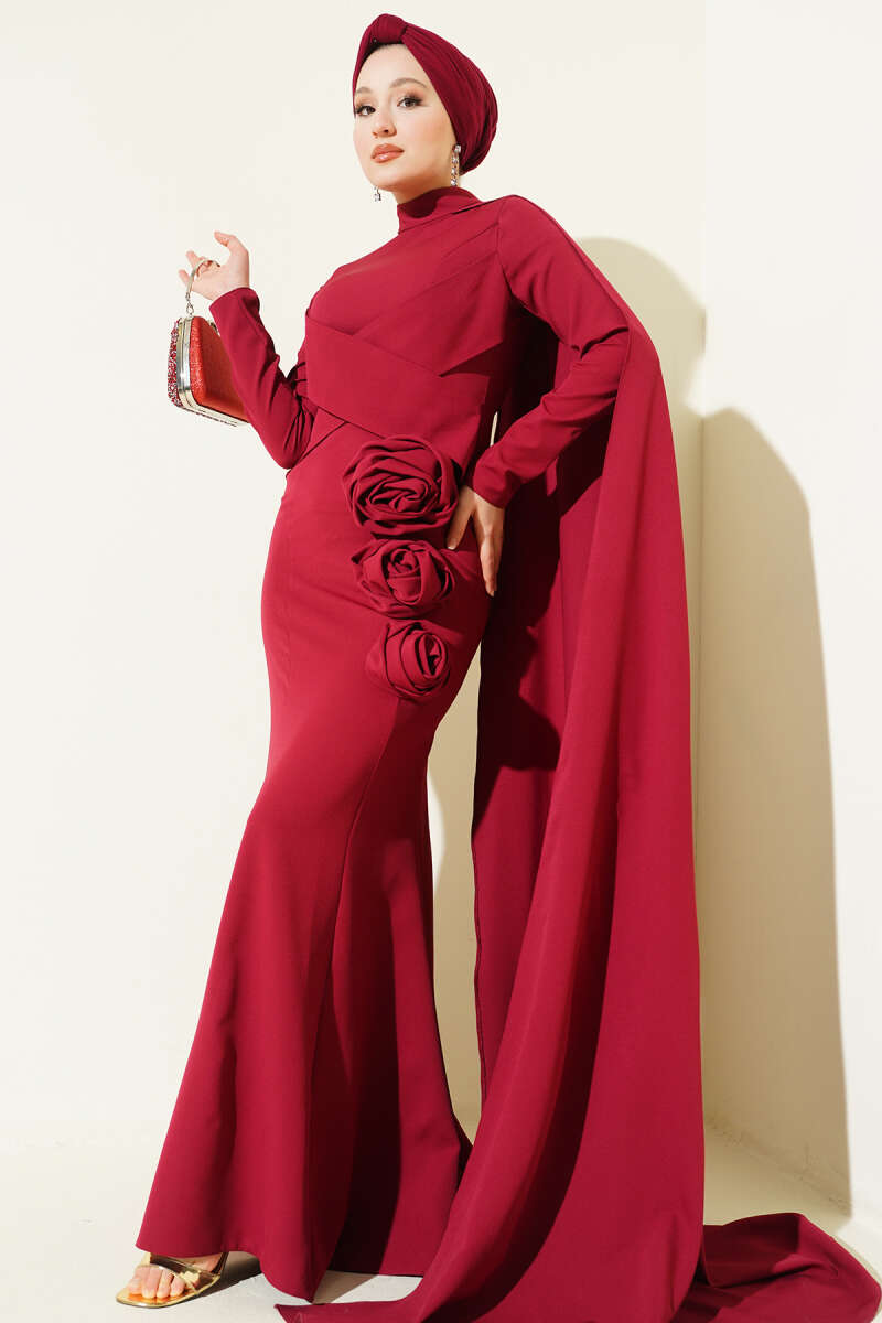 Cape Evening Dress with Rose Detail - Burgundy