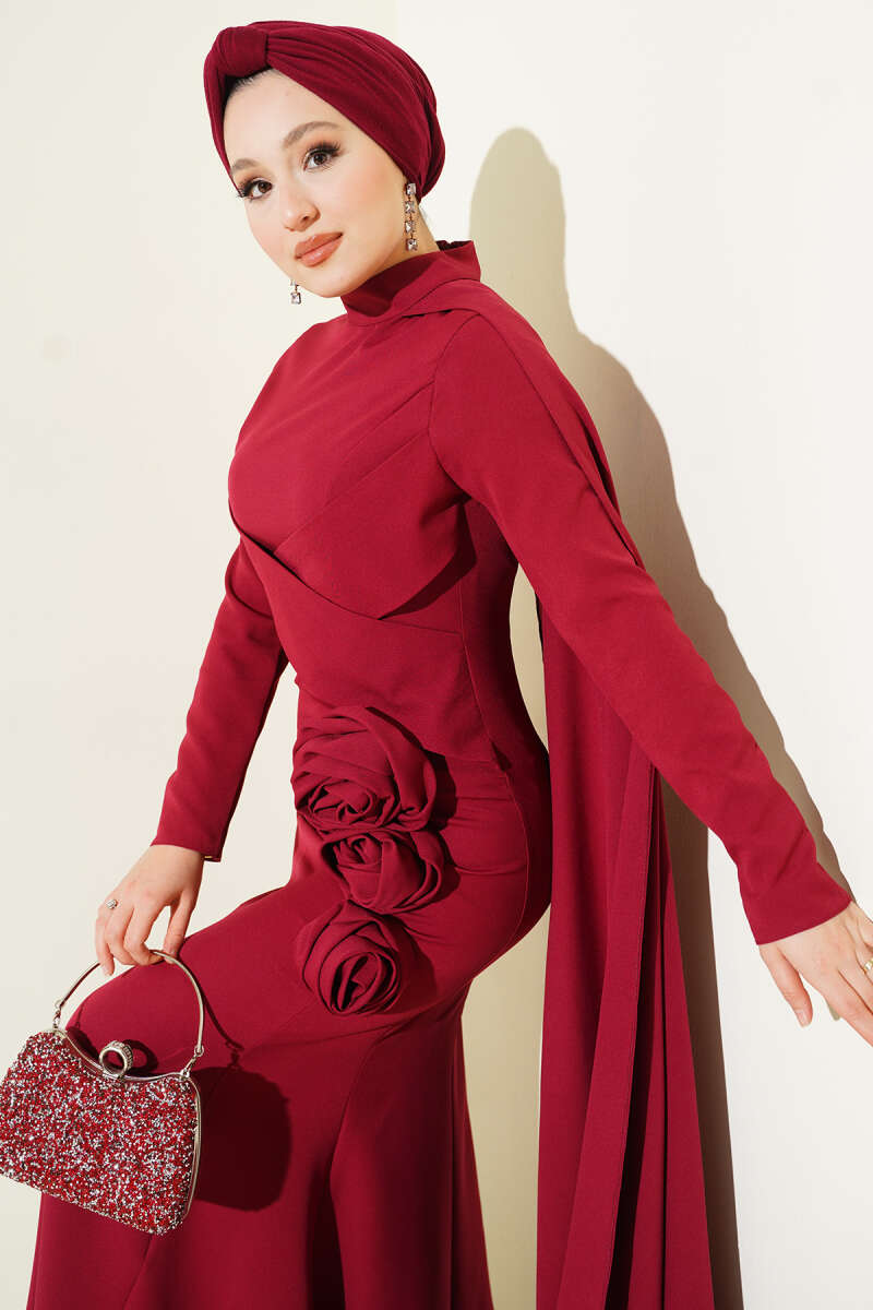 Cape Evening Dress with Rose Detail - Burgundy