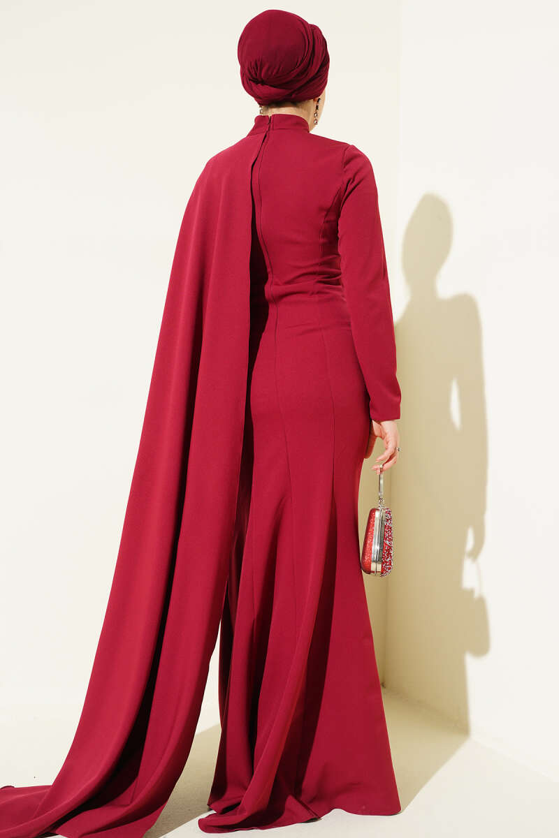 Cape Evening Dress with Rose Detail - Burgundy