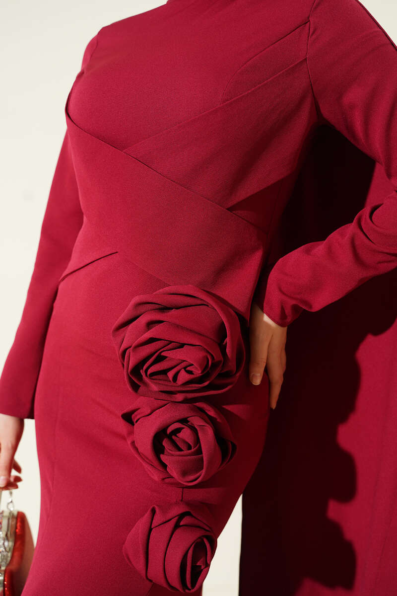 Cape Evening Dress with Rose Detail - Burgundy