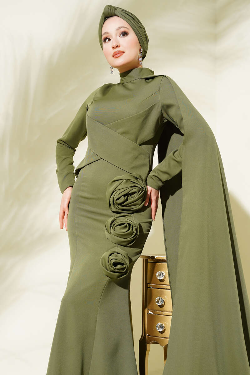 Cape Evening Dress with Rose Detail - Khaki