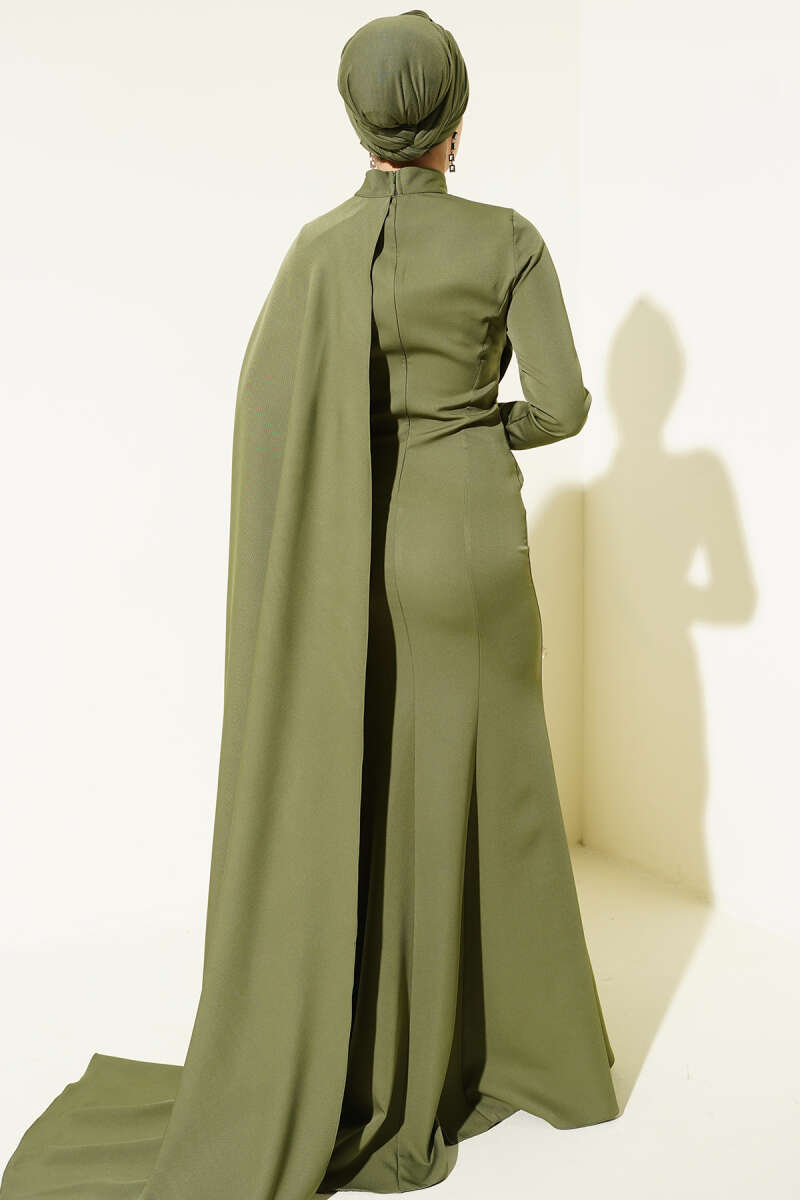 Cape Evening Dress with Rose Detail - Khaki