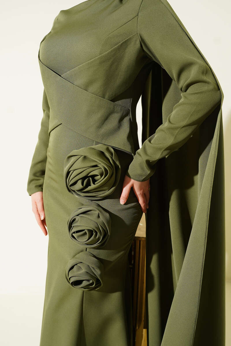 Cape Evening Dress with Rose Detail - Khaki