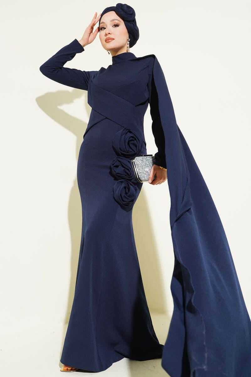 Cape Evening Dress with Rose Detail - Navy