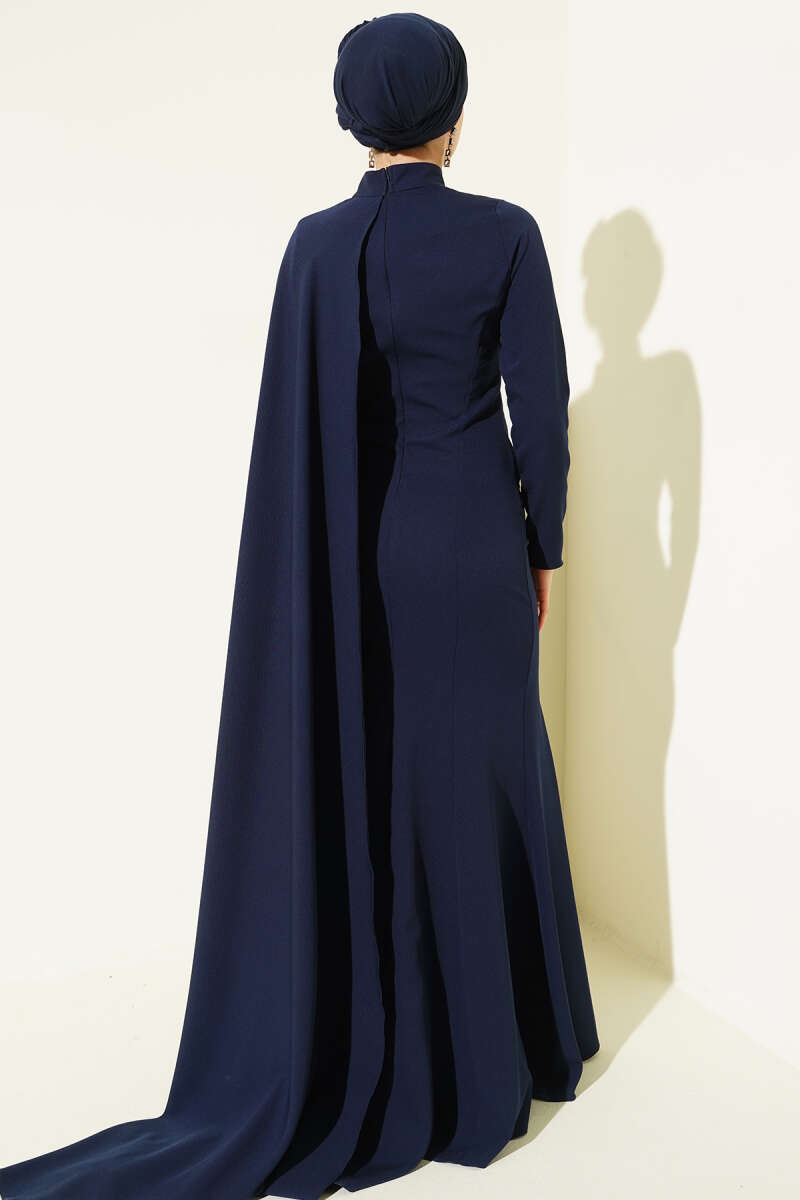 Cape Evening Dress with Rose Detail - Navy