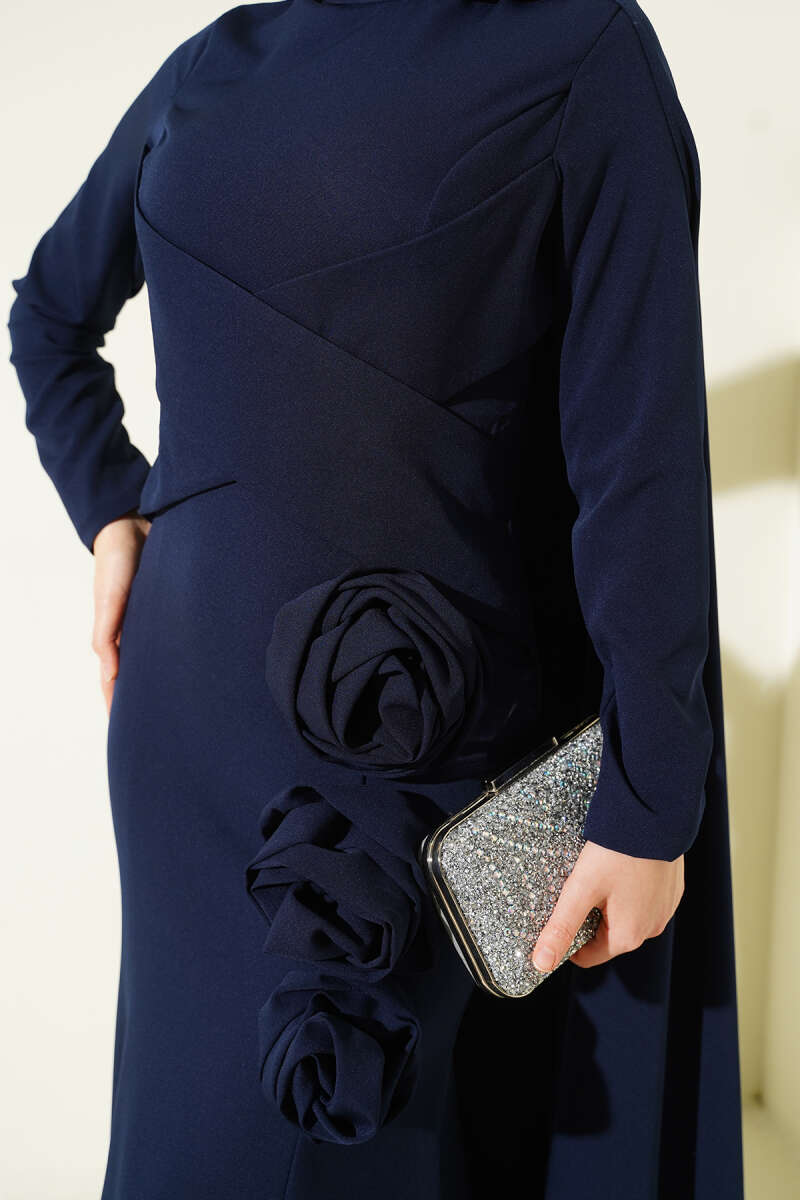 Cape Evening Dress with Rose Detail - Navy