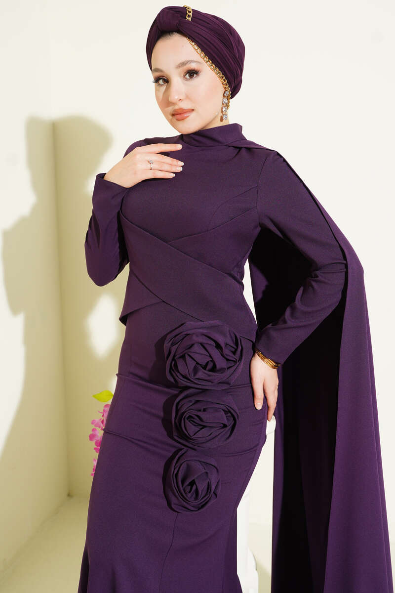 Cape Evening Dress with Rose Detail - Purple