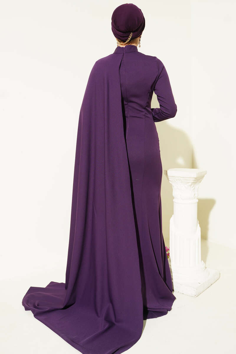 Cape Evening Dress with Rose Detail - Purple