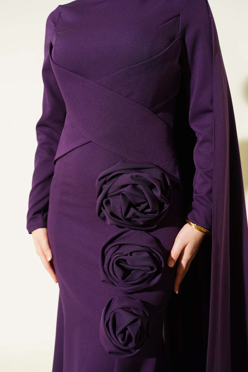 Cape Evening Dress with Rose Detail - Purple