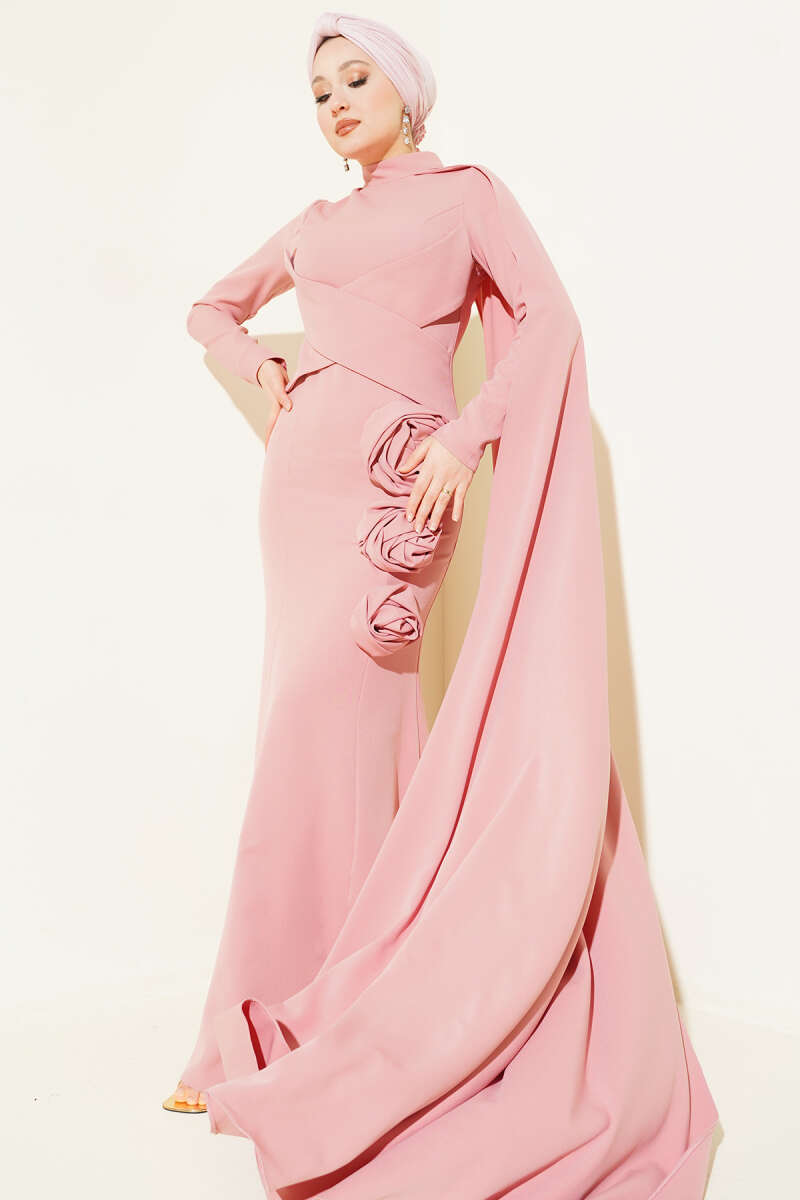 Cape Evening Dress with Rose Detail - Powder
