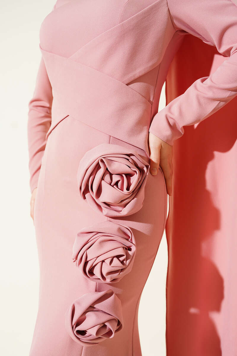 Cape Evening Dress with Rose Detail - Powder