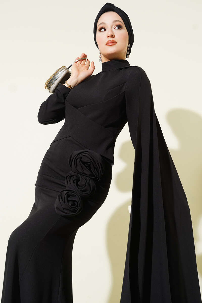 Cape Evening Dress with Rose Detail - Black