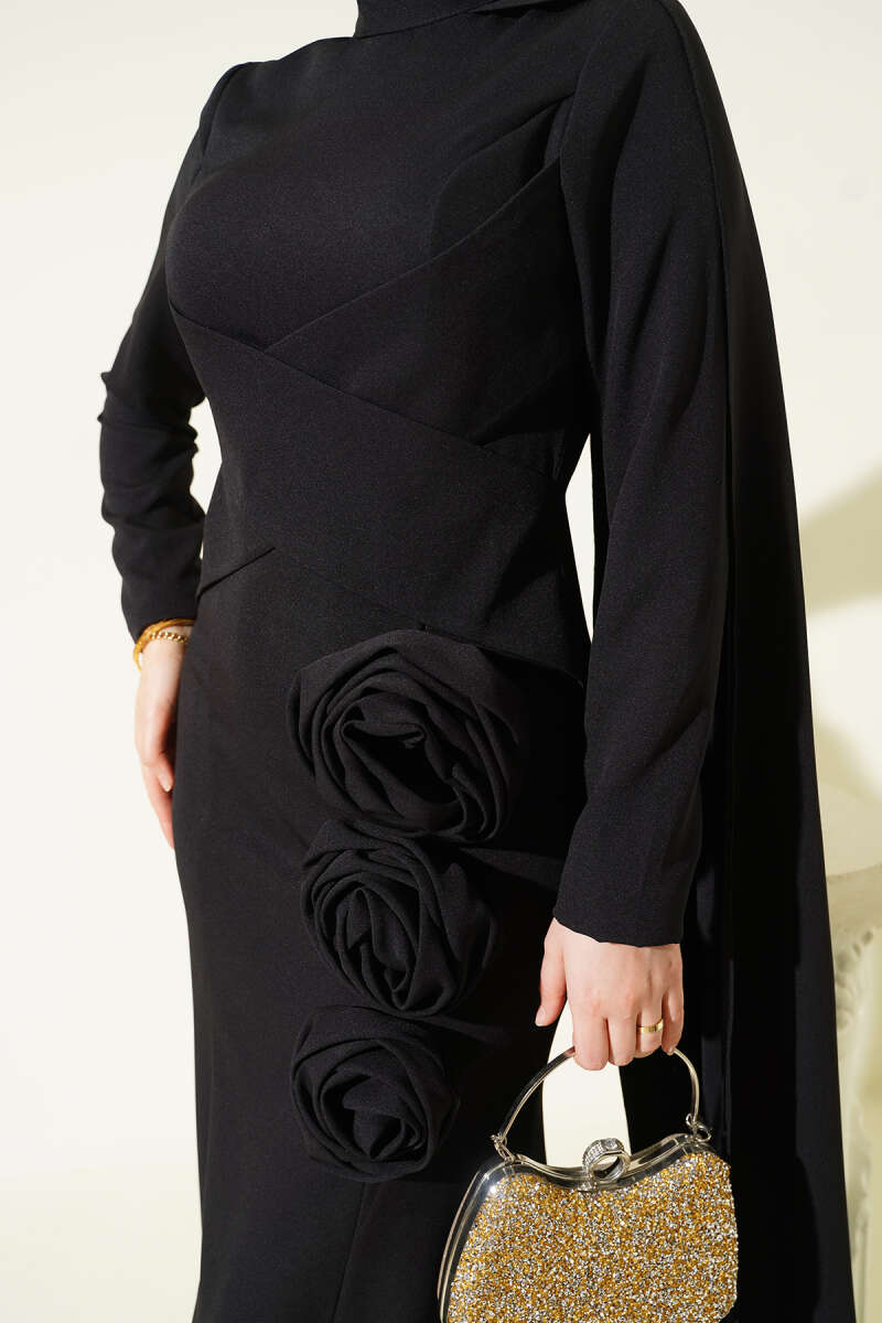 Cape Evening Dress with Rose Detail - Black